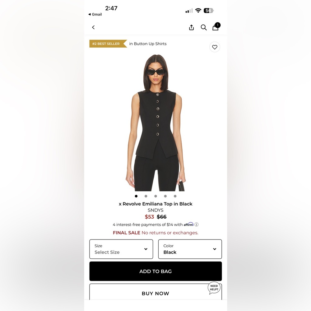 SNDYS Black Sleeveless Button-Up Top